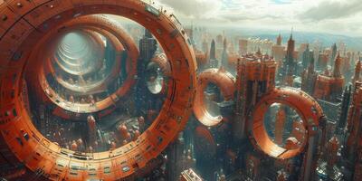 A futuristic city with circles and buildings seen from above photo