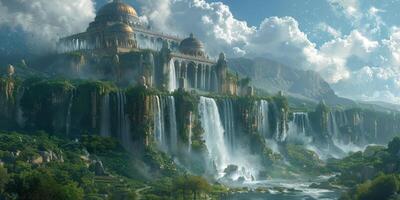 A picturesque scene with a waterfall, mountains, trees, and a castle photo