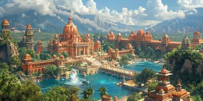 The pixel art depicts a castle by water and trees, merging with natures beauty photo