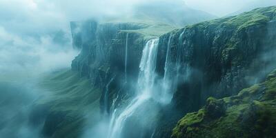 A waterfall in mountains, surrounded by trees, showcases natures beauty photo