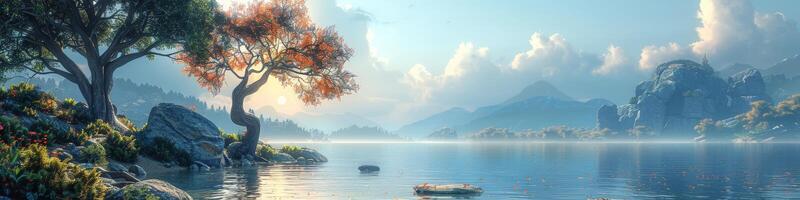 A tree stands on the shore of a lake, with mountains in the background photo
