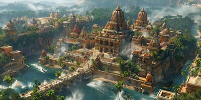 Aerial view of an ancient city surrounded by water features and green trees photo