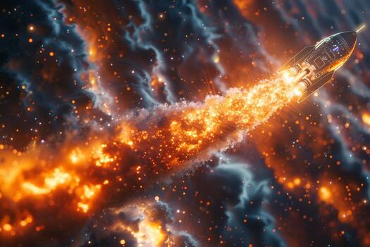 A rocket is soaring through a fiery cloud in outer space photo