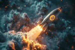 A rocket marked with the letter b soars through the cloudy skies photo