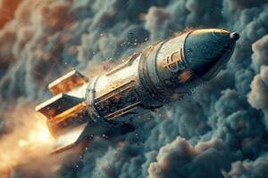 A rocket is flying high amidst billowing smoke in the sky photo