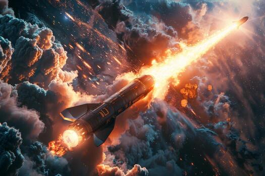 Rocket flies in the sky surrounded by clouds, sunlight, and other objects photo