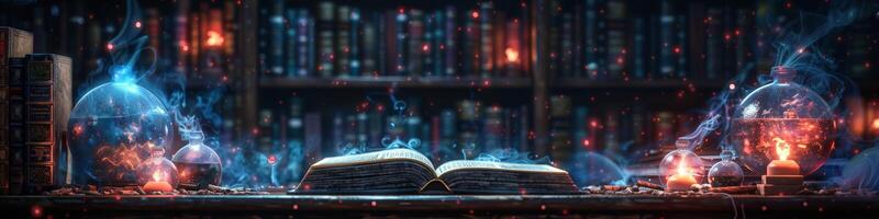 An open book is placed on a table in front of a bookshelf in a room photo