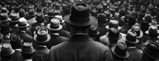 A man in a hat stands in front of a crowd of men in hats photo