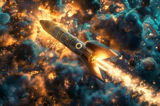 A rocket is soaring across a sky filled with clouds photo