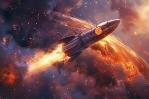 A rocket is traversing a galaxy in the vast expanses of space photo