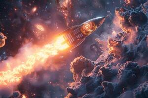 A rocket is soaring amidst the clouds in the vastness of space photo