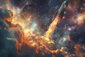 A rocket travels through clouds, beyond Earths atmosphere, in space photo