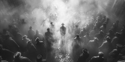 In a dimly lit room, a man moves among a gathering of people photo