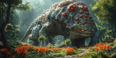 A monster in a forest, surrounded by trees and flowers, stands tall photo