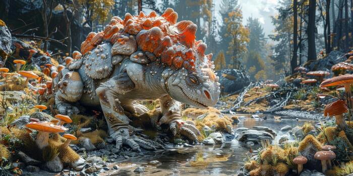 Pixel art of a dinosaur in a forest with mushrooms, creating a landscape photo