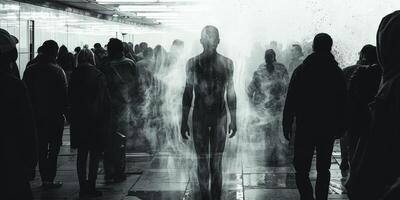 A black and white photo of people walking in a dark room