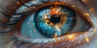 A detailed view of a persons blue eye containing a galaxy within photo