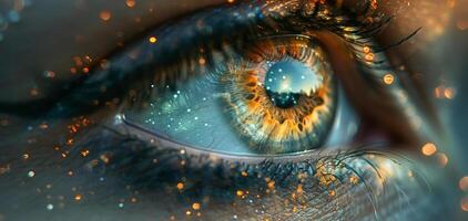 A detailed view of a womans eye shedding glitter photo