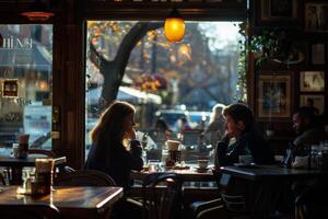 A man and a woman sit at a table by a window with vibe photo