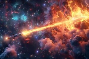 A rocket soaring amidst the clouds in the vastness of outer space photo