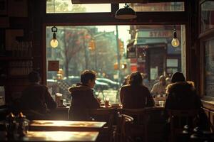 People at tables by a window with a sign saying stan photo
