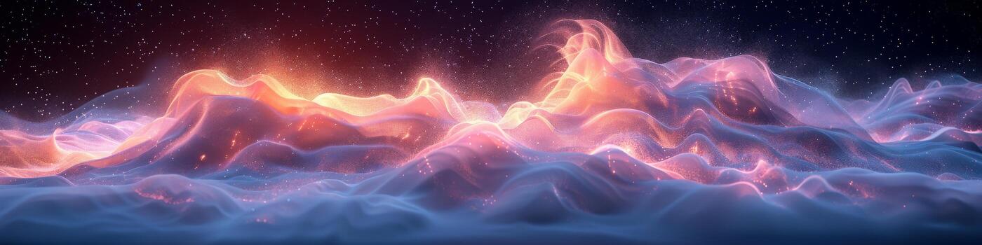 Computergenerated image of a mountain range with particles emerging photo