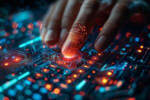 A person is pressing a button with their finger on an electronic device photo