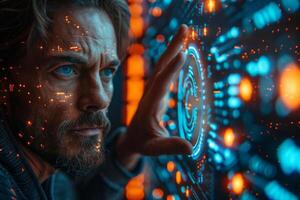 A man is interacting with a hightech display using his hand photo