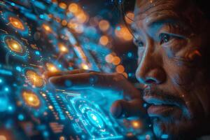 A man with a beard looks at a computer monitor with electric blue glow photo