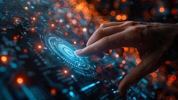 A hand is pressing a button on a futuristic screen with electric blue lighting photo