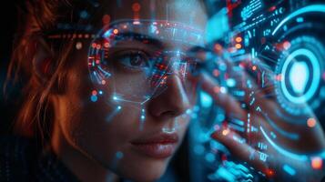 A woman wearing a VR headset and looking at a monitor display photo