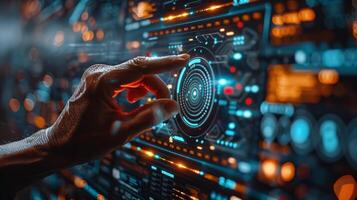 Hand pressing button on hightech screen with futuristic vibe in image photo
