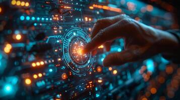 A hand is pressing a button on a hightech display screen photo
