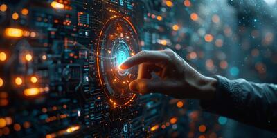 Hand pressing button on futuristic screen with blue lights and space art photo