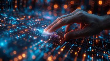 In the image, a hand is seen pressing a button on a modern screen photo