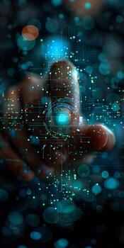 A finger pointing at a digital screen with keywords related to water and art photo