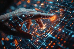 A hand is pressing a button on a futuristic electronic display screen photo