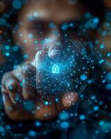 A man is holding a digital lock in his hand, showing it prominently photo