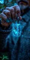 A man is holding a padlock with a key in his hand photo