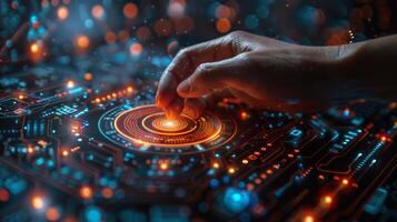 A persons hand presses a button on a circuit board in a room with audio gear photo