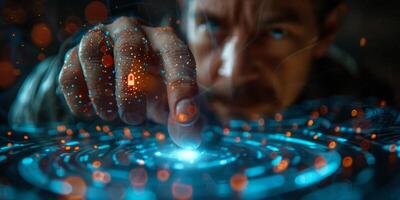A man interacting with a digital screen using his finger in the picture photo