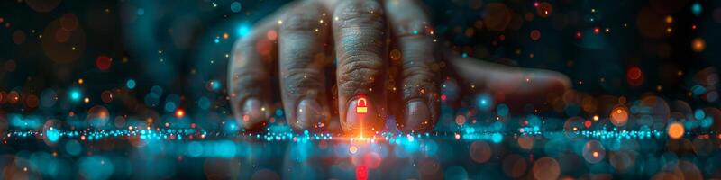 A persons finger is touching a padlock on a door photo