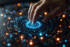 Person pressing button on futuristic touchscreen with hand photo