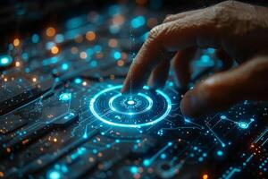 A person s hand pressing a button on a computer screen photo