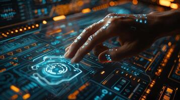 A hand presses a button on a futuristic screen with green circuit components photo