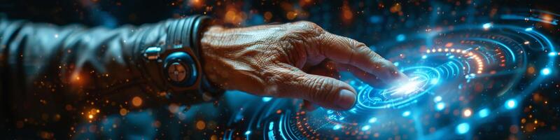 A hand presses a button on a screen showing electric blue colors photo