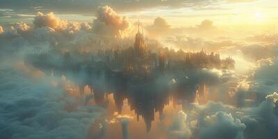 An aerial view of a city suspended amongst the clouds photo