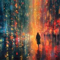 A painting of a person walking in the rain, capturing natures beauty photo