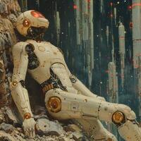 In the illustration, a robot with a red eye is perched on a rocky surface photo