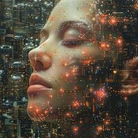 A close up of a womans face with a cityscape in the background photo